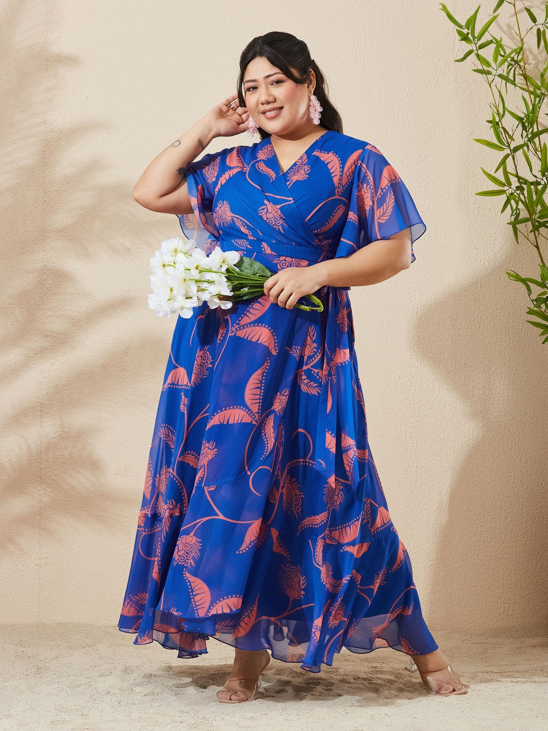 Royal Blue And Coral V-Neck Flared Floral Overlap/Tie-Up Maxi Chiffon Dress for Women
