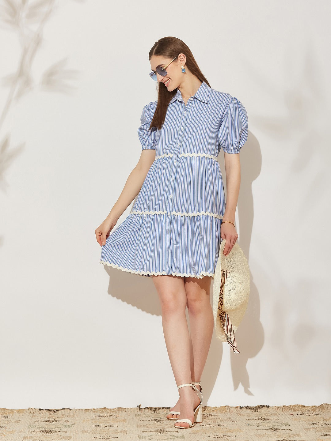 Multicolored Striped Cotton Shirt Dress with Puff Sleeves and Tiered Hem for Women