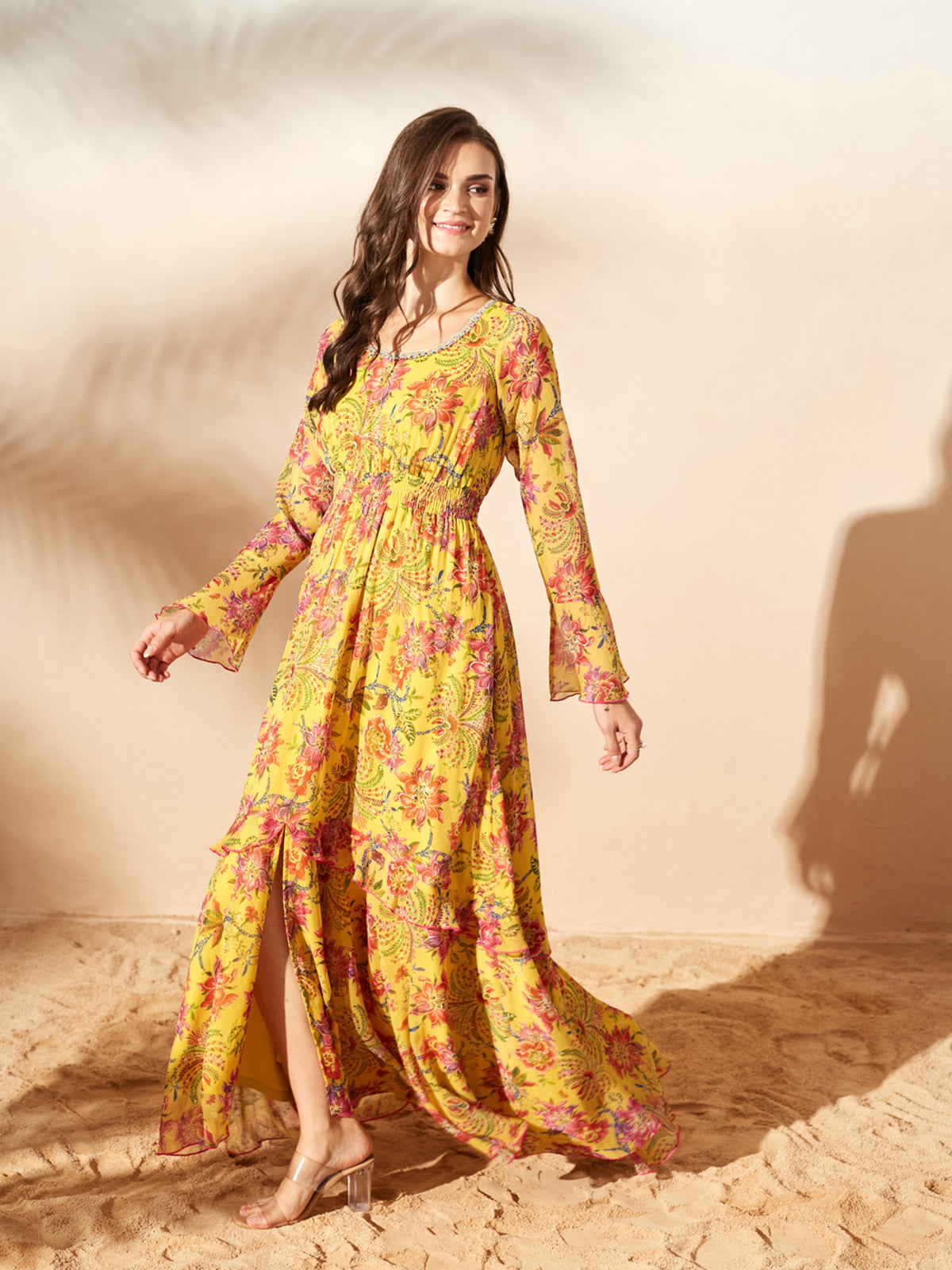 Mustard Sweetheart Flounce Floral Ruffled/ Front Slit Maxi Chiffon Ethnic Dress for Women