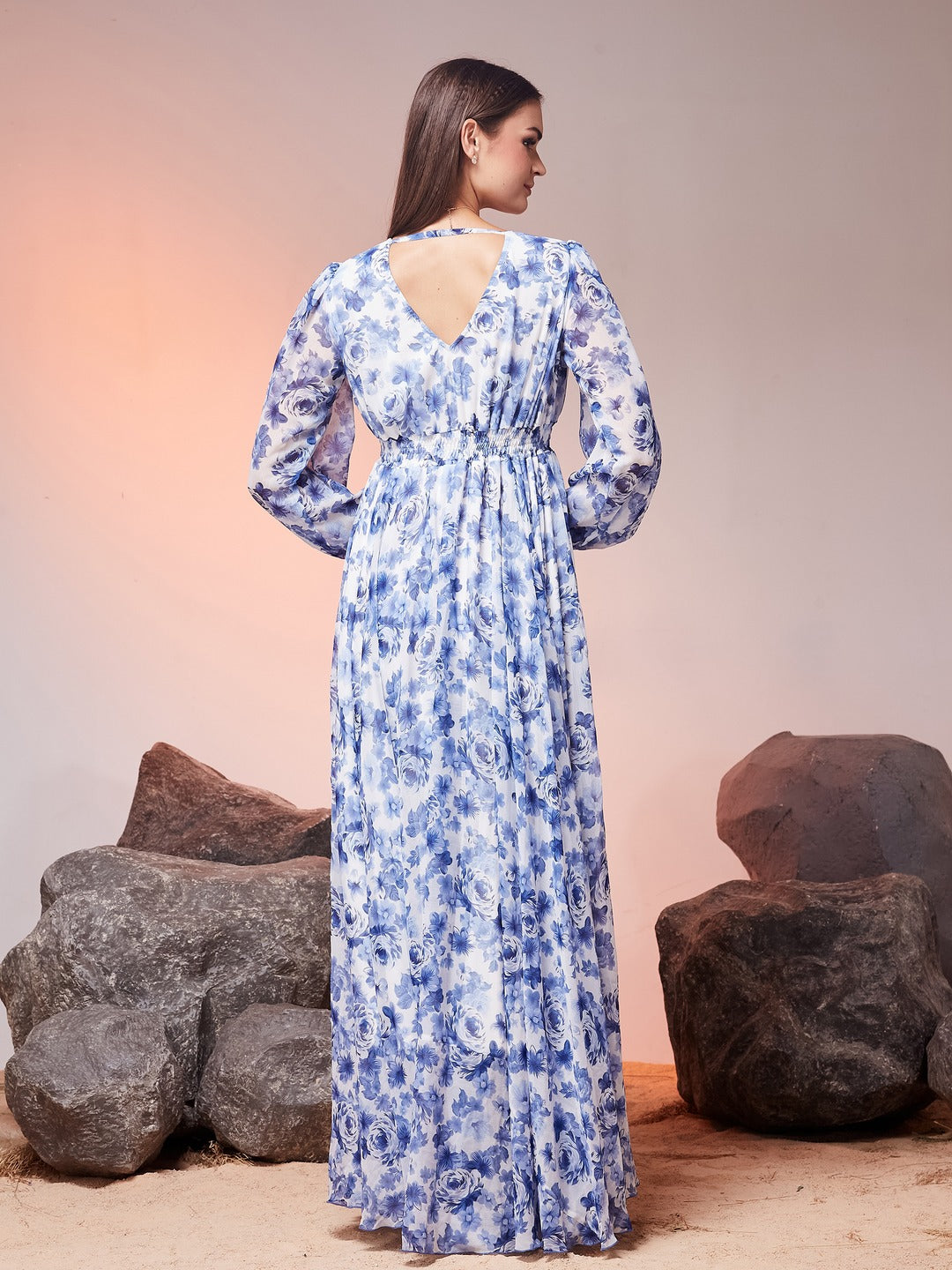 White V-Neck Full Sleeve Floral Gathered Chiffon Maxi Dress for Women