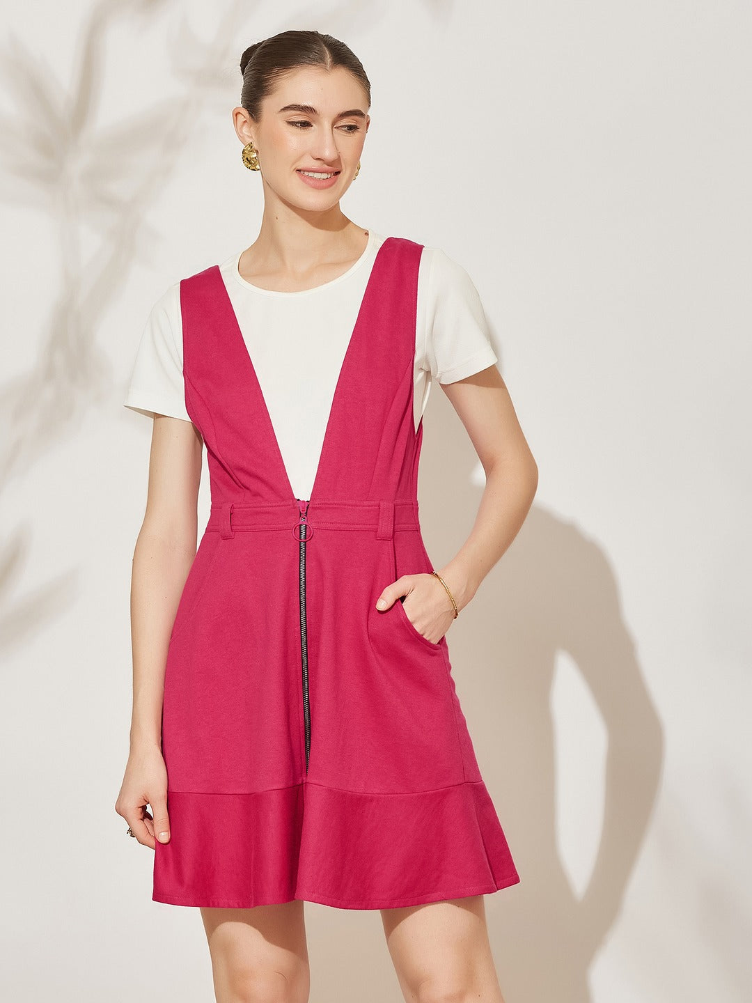 Pink Solid Polyester Pinafore Dress with Zipper Detail and Side Pockets for Women