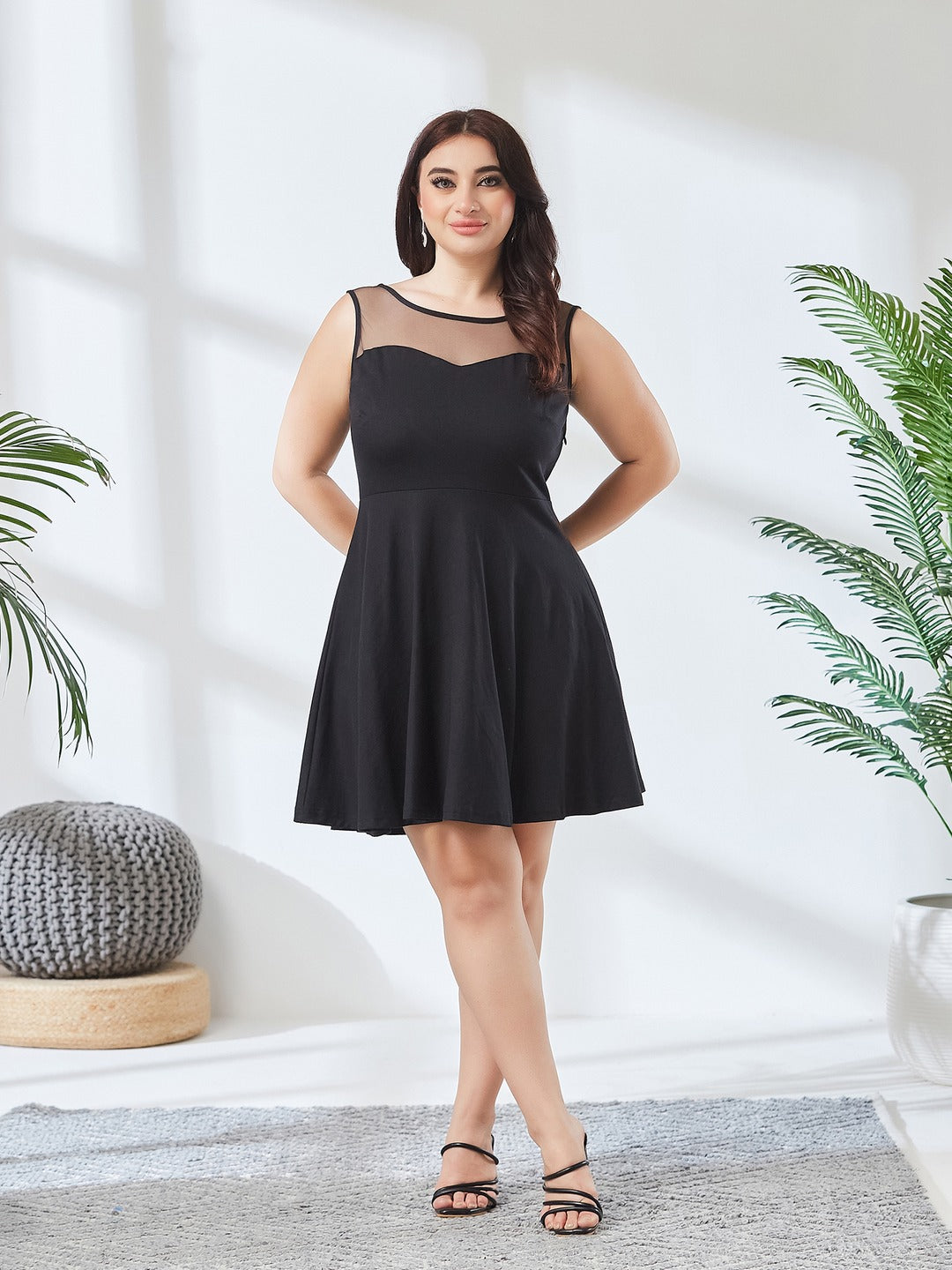 Black Round Neck Sleeveless Back Cut Out Bow Mini Skater Dress for Women