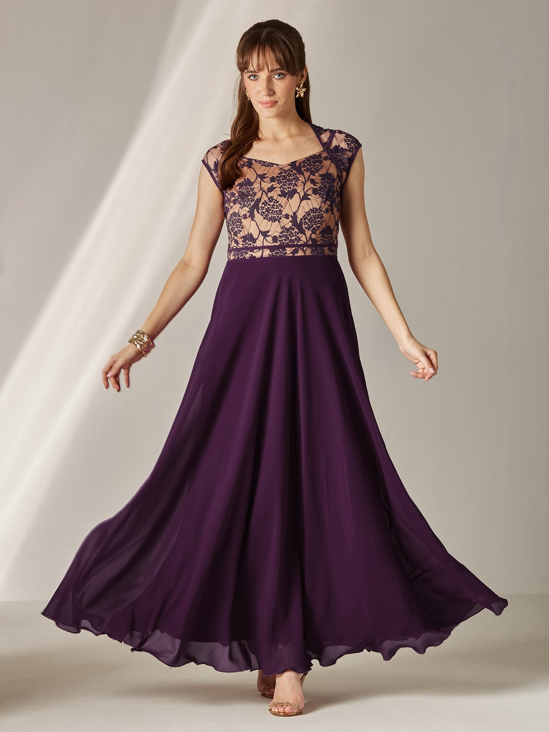 Dark Purple Sweet-Heart Neck Cap-Sleeve Floral Fit & Flare Georgette Maxi Dress for Women