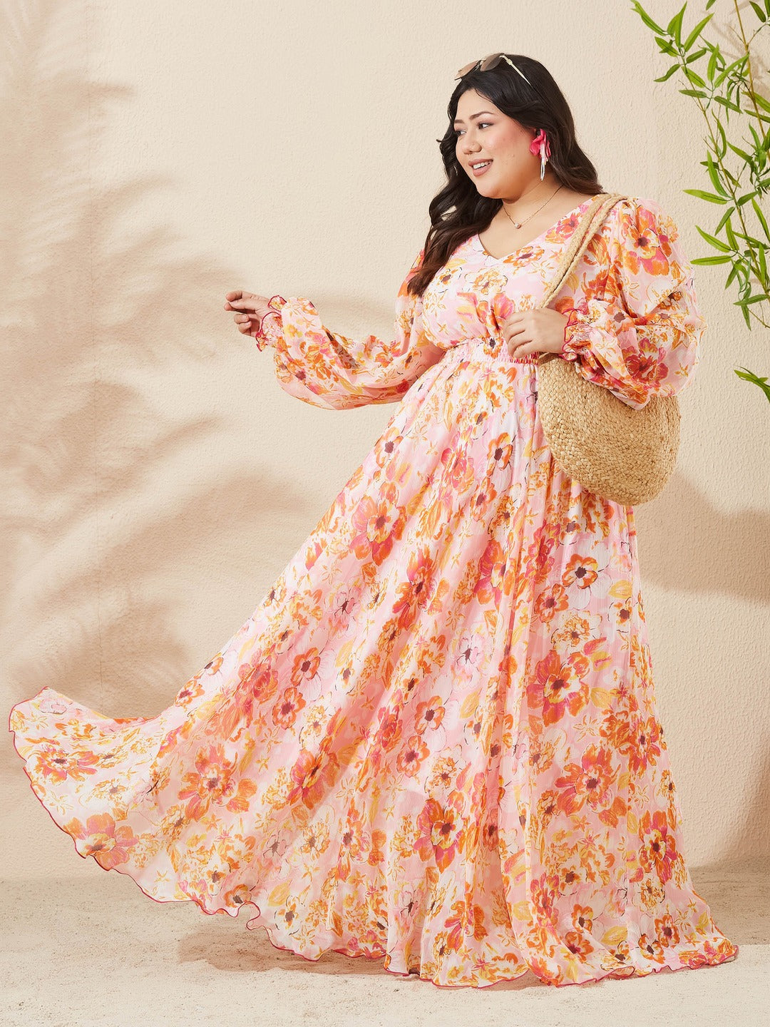 Pink & Orange Floral V-Neck Smocked Bishop Sleeve Maxi Chiffon Dress for Women