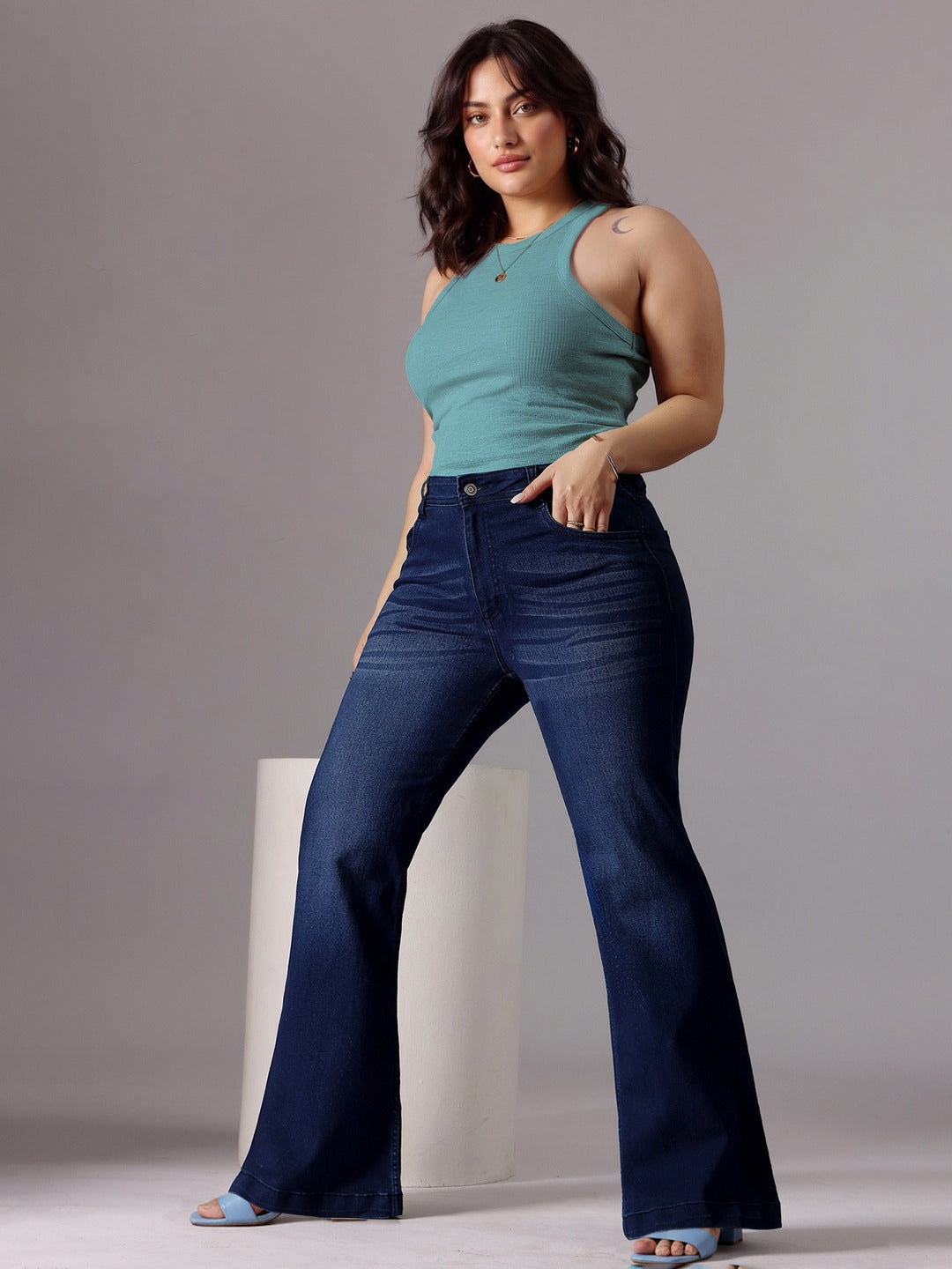 Navy Blue High-Rise Stretchable Bootcut Denim Jeans for Women