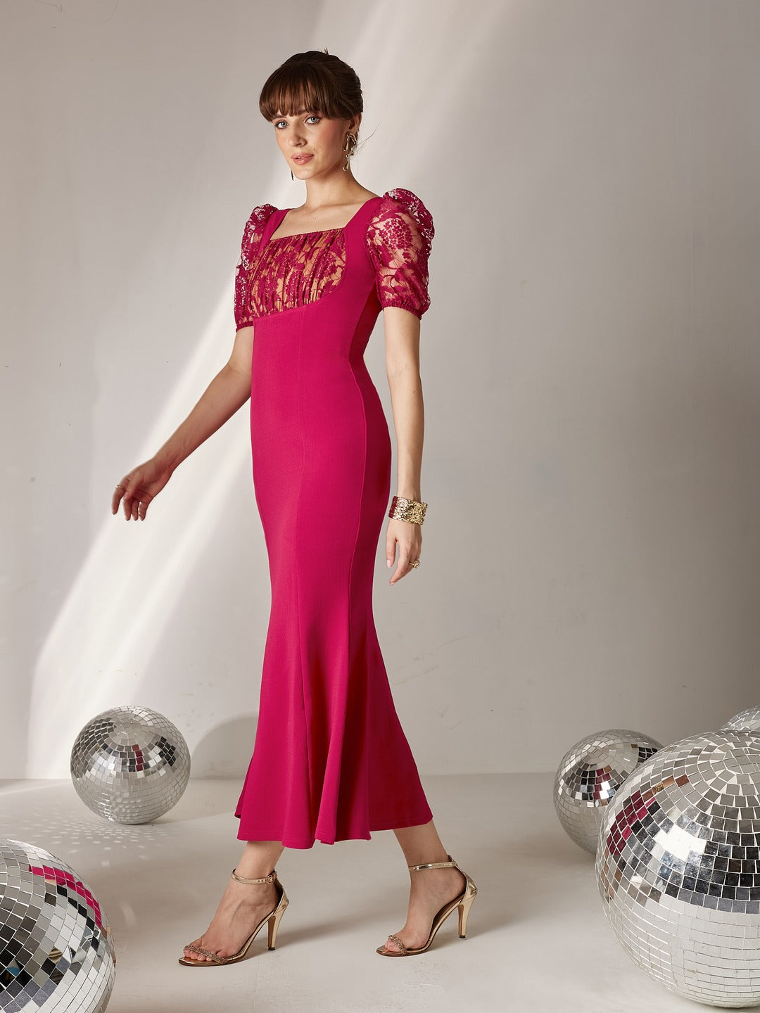 Dark Pink Square Puff Sleeve Solid Lace Overlaid Ankle Length Dress for Women