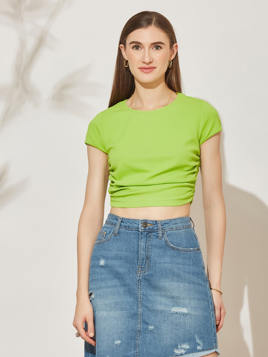 Neon Green Round Neck Short Solid Ruching Crop Polyester Top for Women