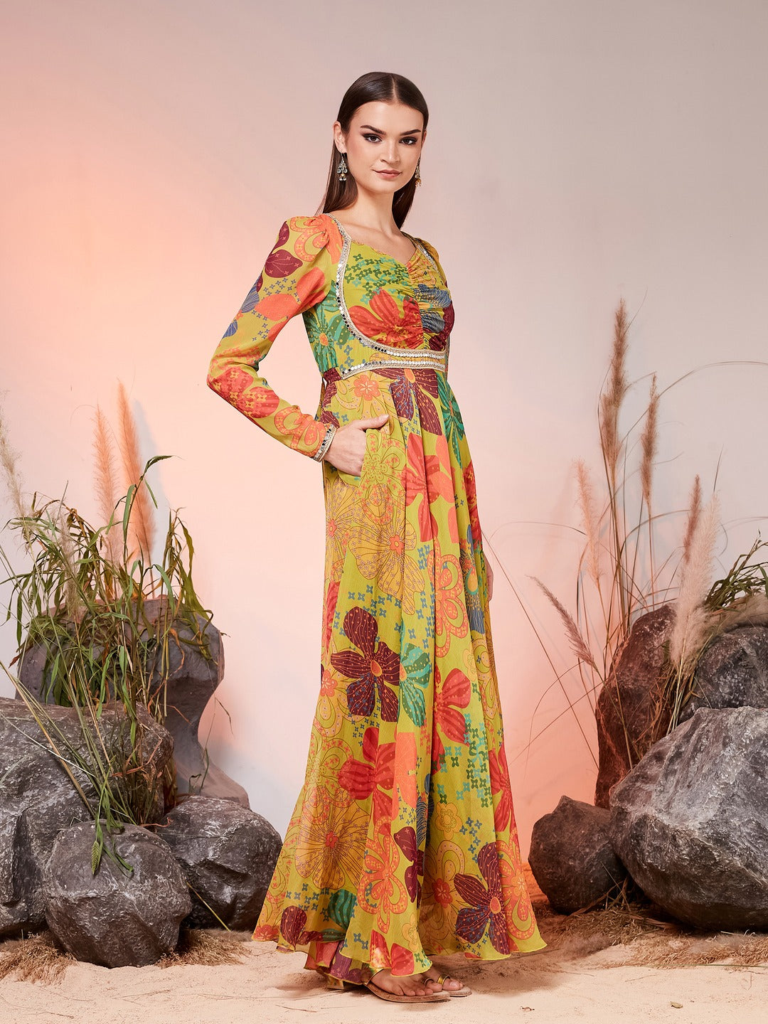 Lime Green Sweetheart Neck Bishop Floral Ruched Maxi Chiffon Ethnic Dress for Women