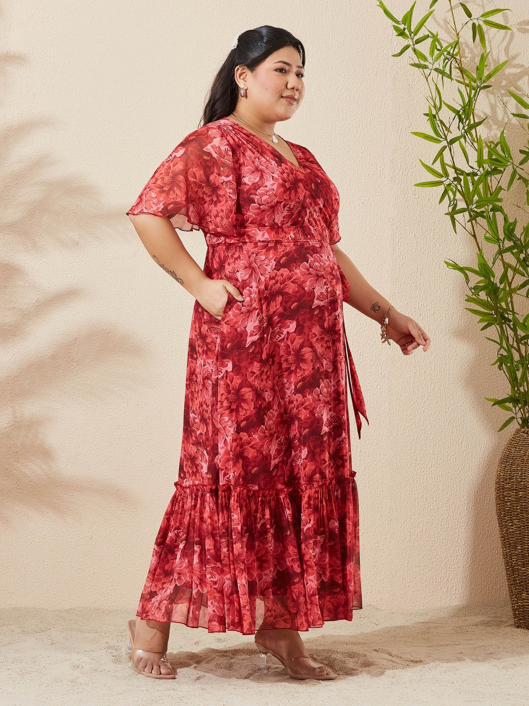 Red V-Neck Half Sleeve Floral Wrap Maxi Chiffon Dress for Women