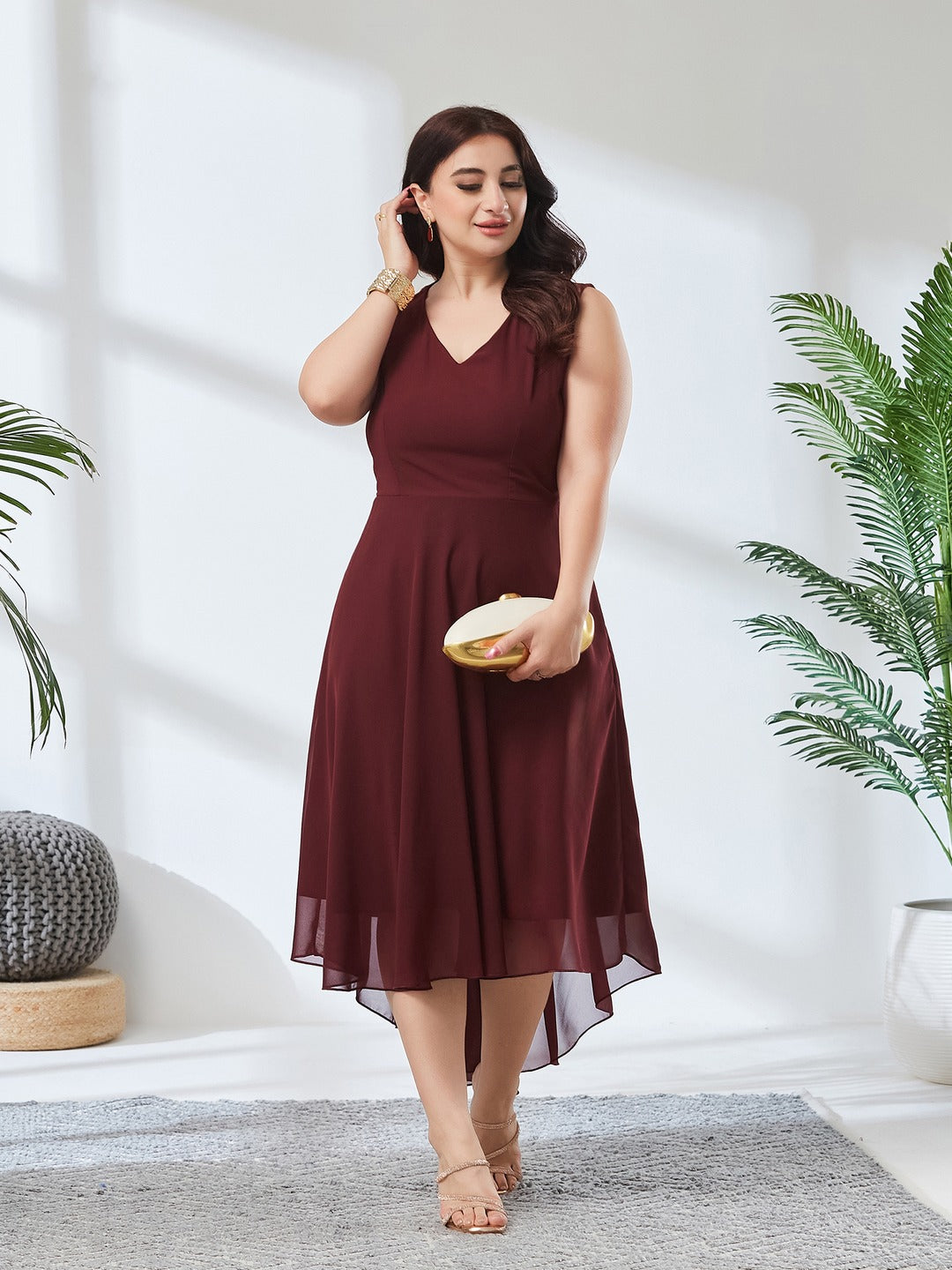 Wine Red V-Neck Sleeveless Solid High-Low Midi Skater Dress for Women