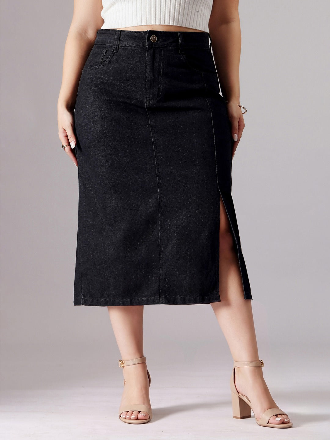 Black Straight-Fit High-Rise Stretchable Denim Midi Skirt for Women