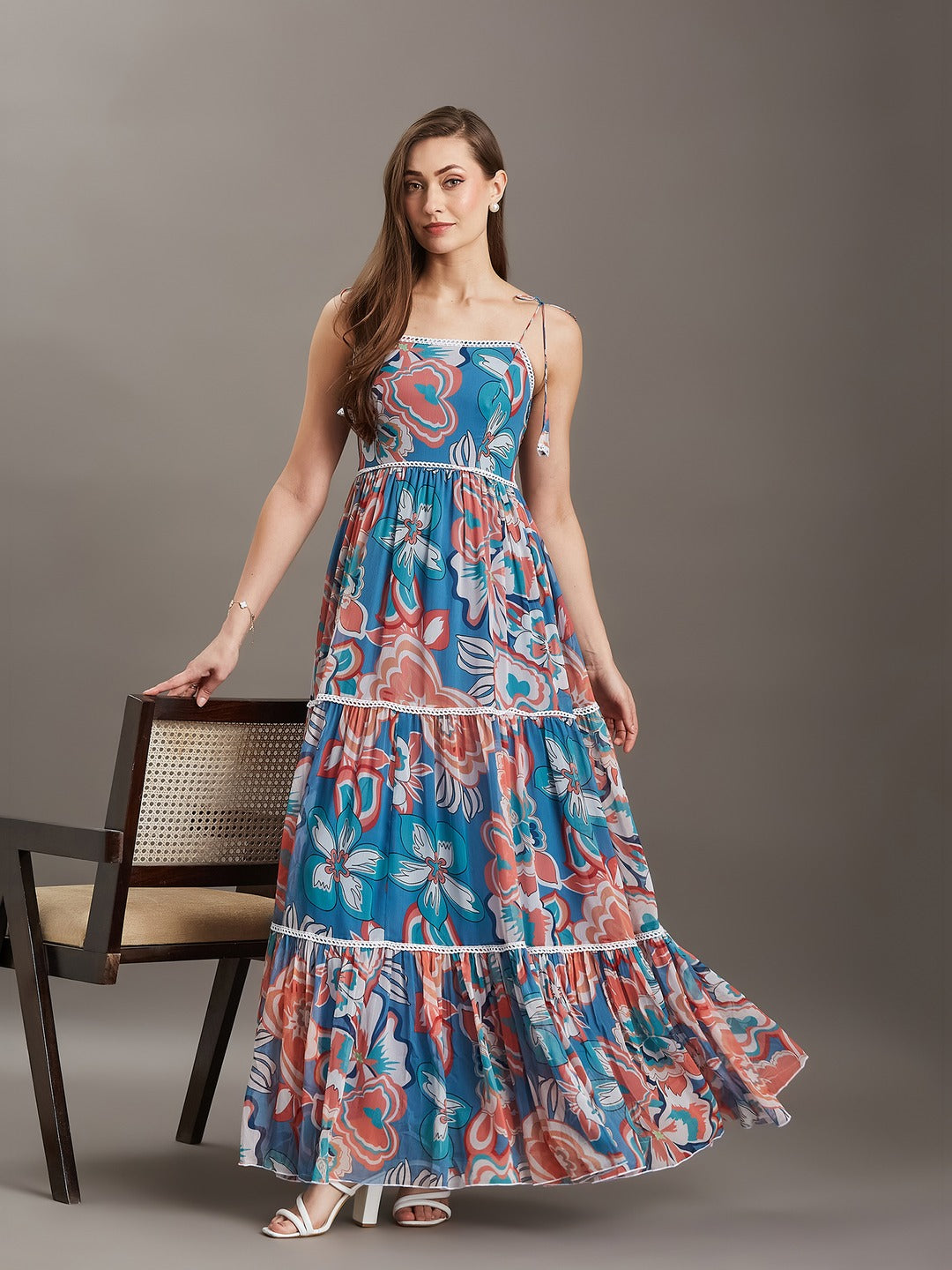Azure Blue Shoulder Tie-Up Tie-Up Floral Tiered Maxi Chiffon Dress for Women