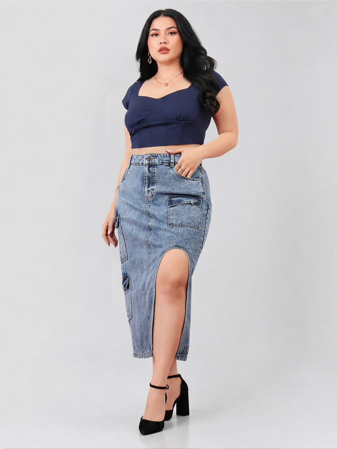 Blue Straight-Fit High-Rise Non-stretchable Denim Midi Skirt for Women