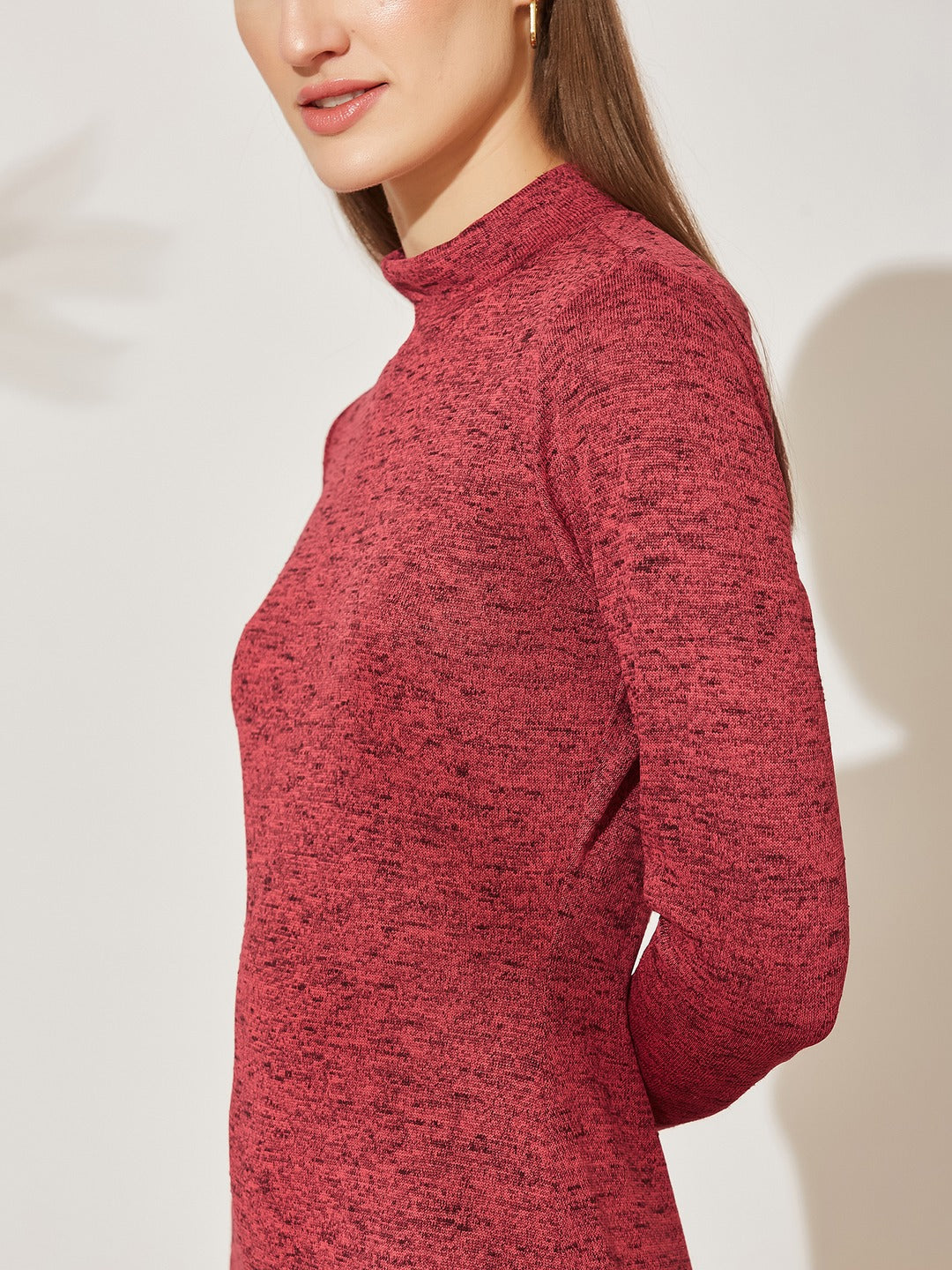 Maroon Mock Neck Full Sleeve Solid Bodycon Maxi Cotton Dress for Women