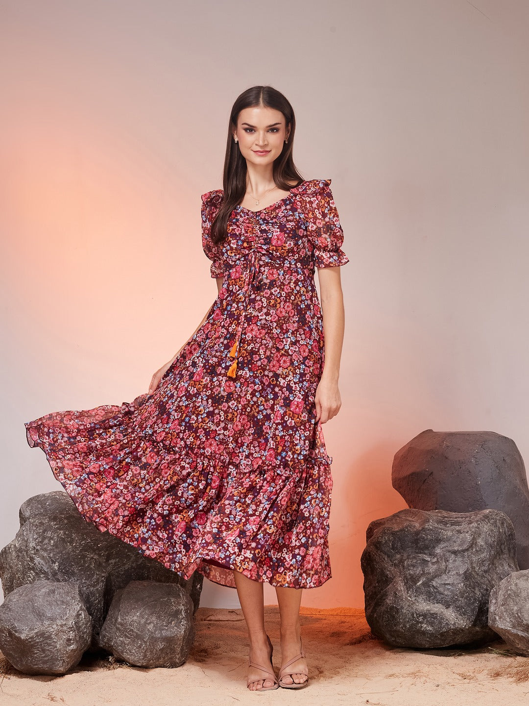 Wine V-Neck Puff Sleeve Floral Ruching Ankle-Length Dress for Women