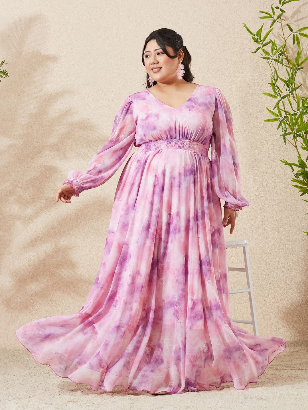 Pink & Lavender Floral V-Neck Bishop Sleeve Smocked Chiffon Maxi Dress for Women