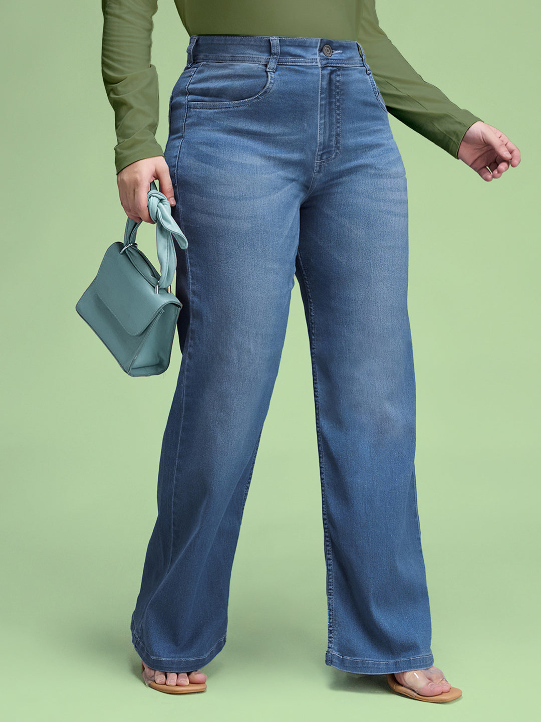 Light Blue Wide-Leg Mid Rise Blast Effect Light Weight Denim Jeans for Women