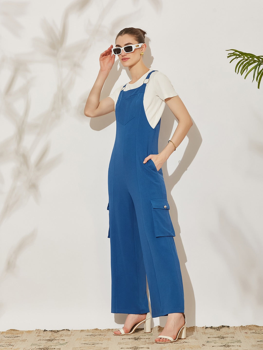 Azure Blue Round Neck Half Sleeve Solid Polyester Regular Fit Dungaree Co-Ord Set for Women