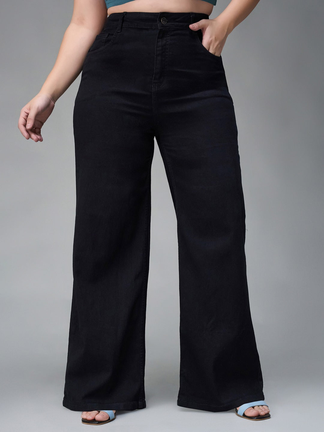 Black Wide Leg High Rise Stretchable Denim Jeans for Women