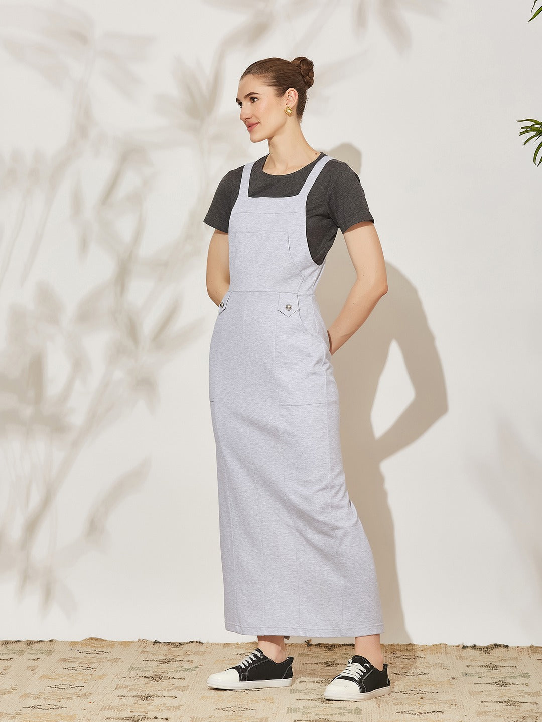 Grey and Black Solid Cotton Pinafore Maxi Co-ord Set with Utility Pockets for Women