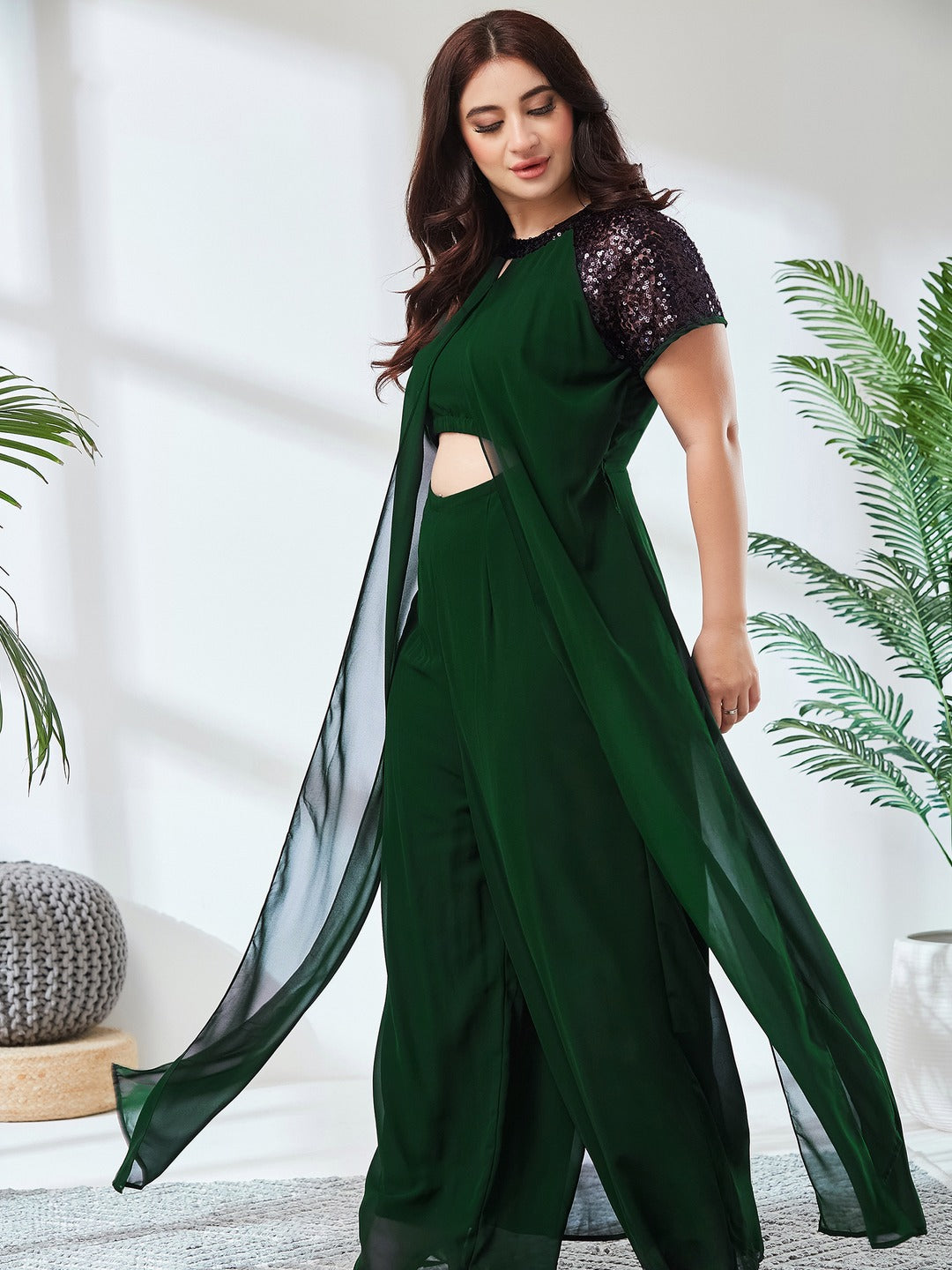 Dark Green Round Neck Raglan Sleeve Solid Layered Regular Jumpsuit for Women