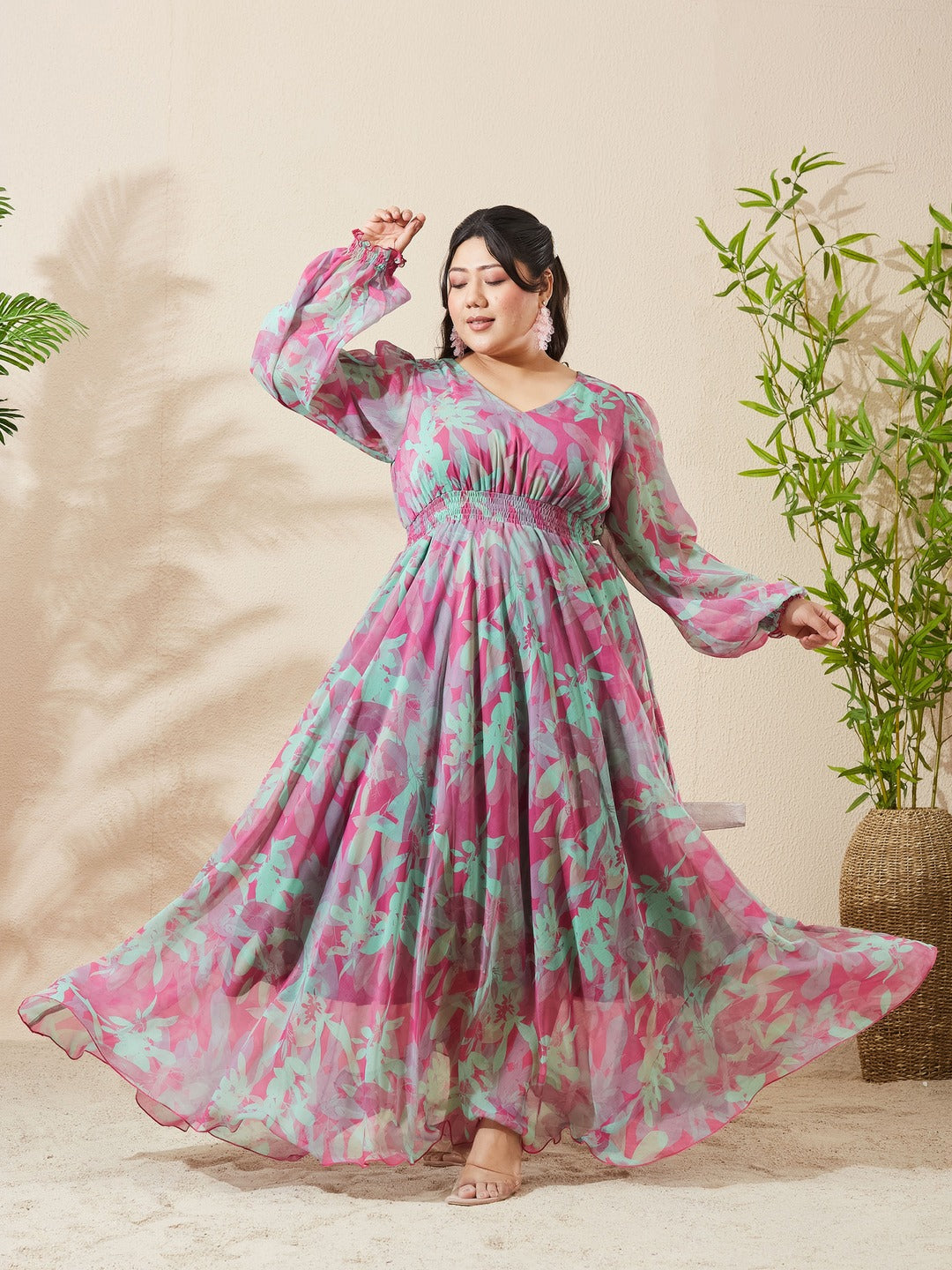 Pink & Mint Floral V-Neck Smocked Bishop Sleeve Maxi Chiffon Dress for Women