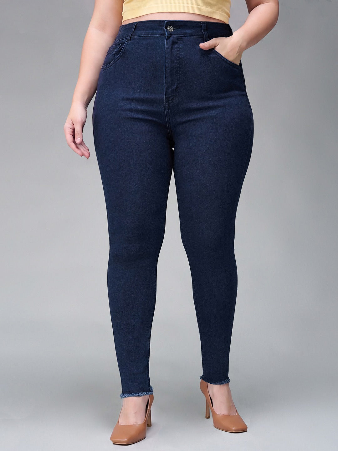 Navy Blue Skinny High Rise Solid Cropped Fringed Hemline Stretchable Denim Jeans for Women