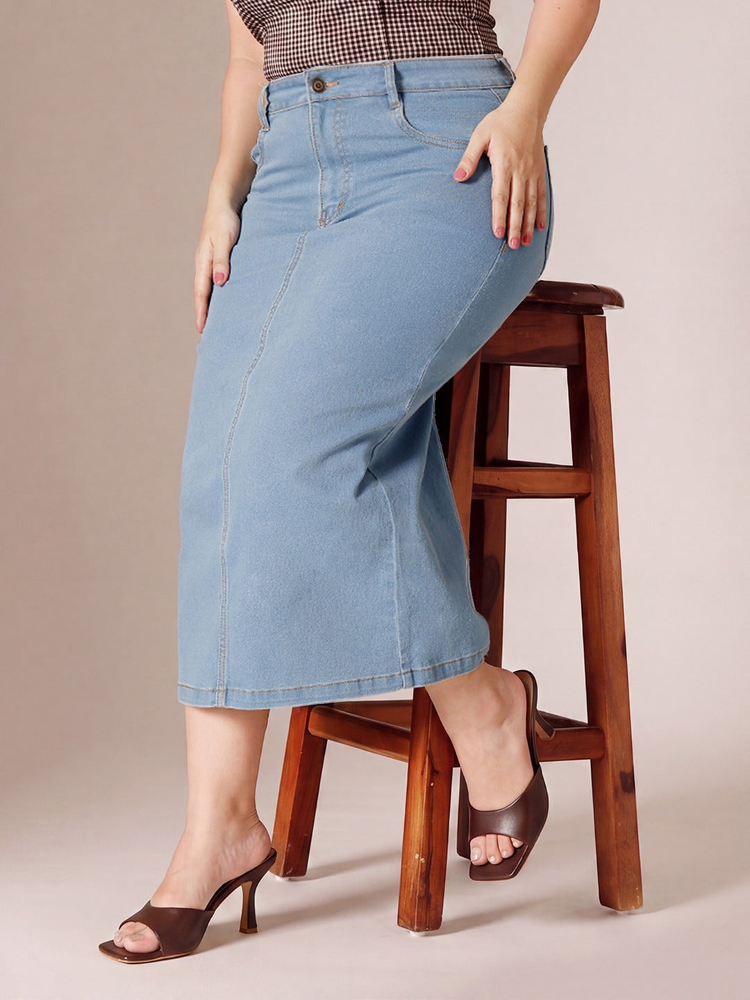 Light Blue Straight High Rise Midi Stretchable Denim Denim Skirt for Women