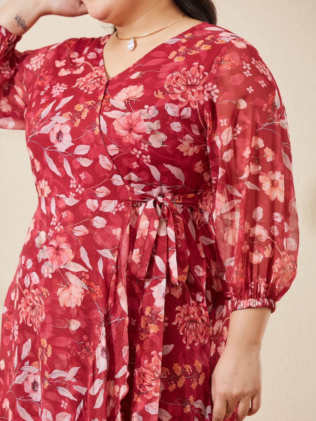 Maroon Floral V-Neck 3/4 Sleeve Wrap Midi Chiffon Dress for Women