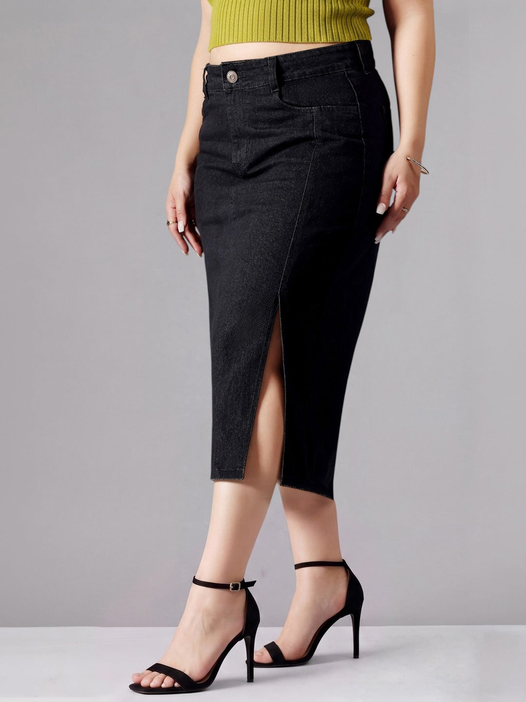 Black Straight-Fit High-Rise Stretchable Denim Midi Skirt for Women