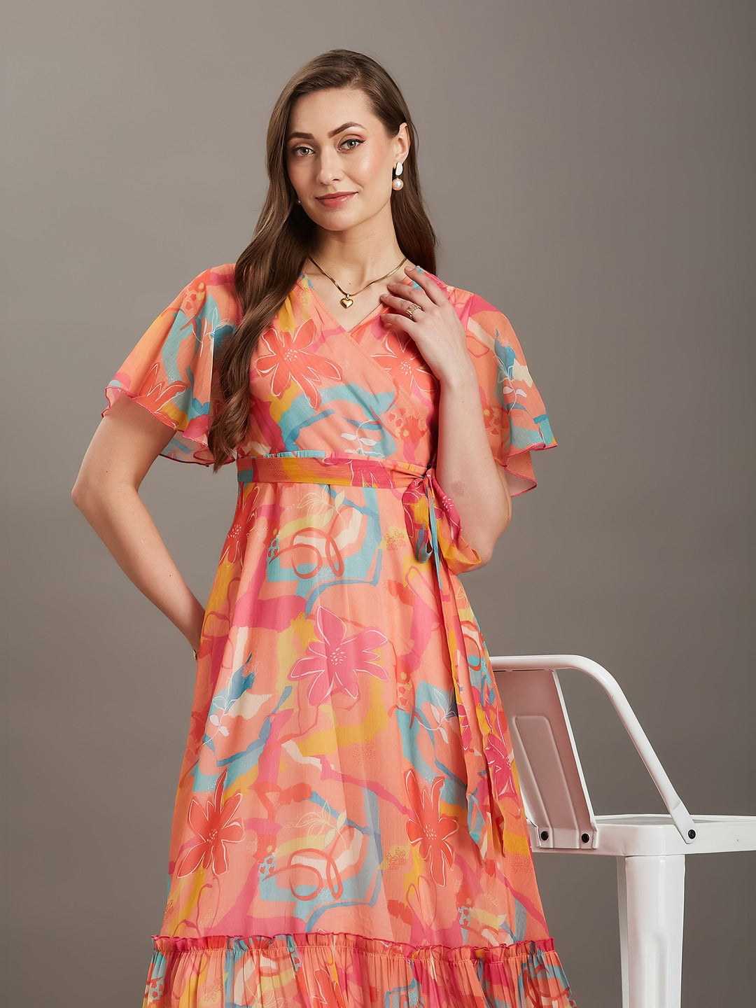 Multicolored Light Orange Floral V-Neck Flared Sleeve Wrap Chiffon Maxi Dress for Women