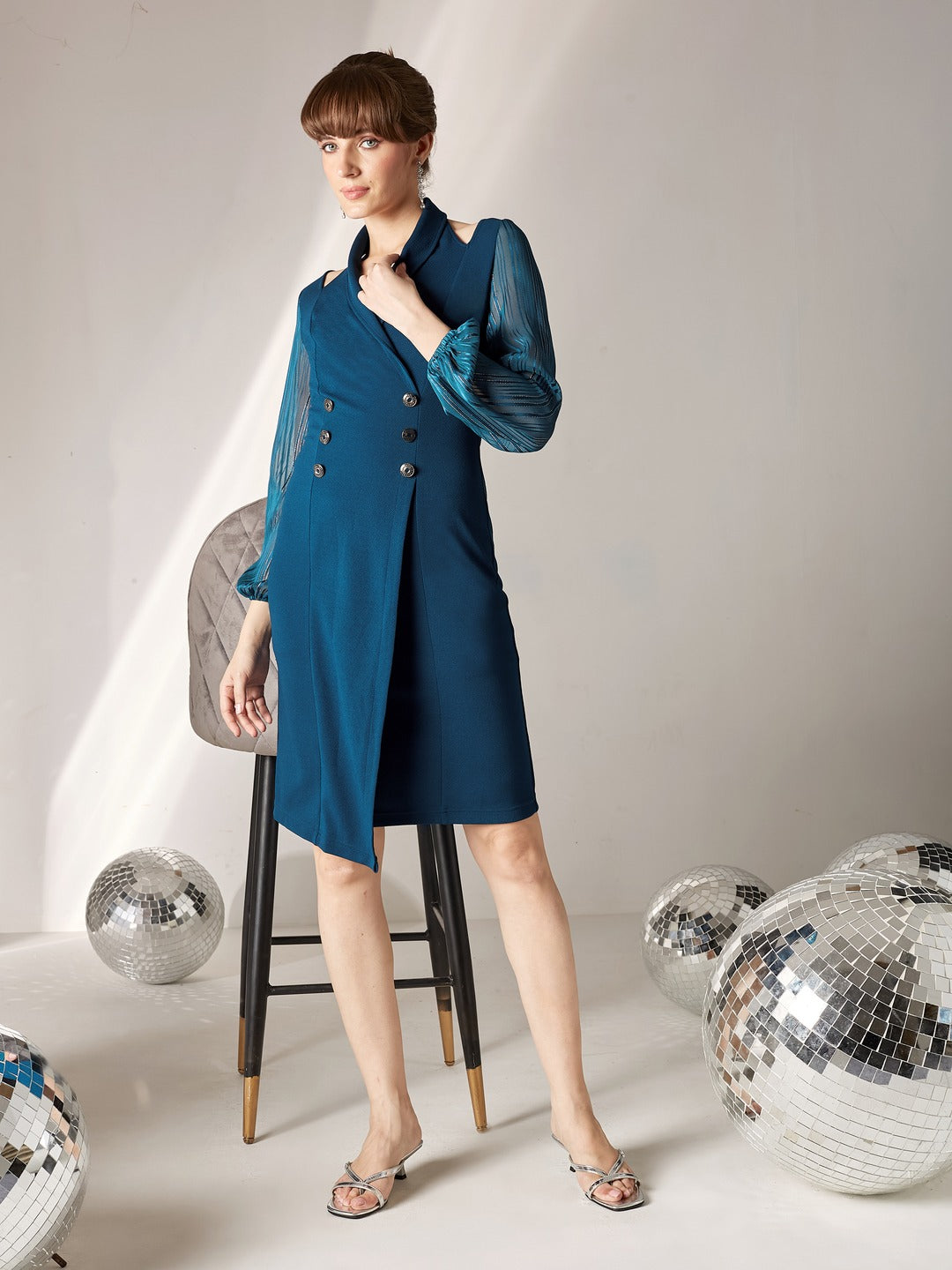 Teal Shawl Collar Bishop Sleeves Solid Double Breasted Knee Length Dress for Women