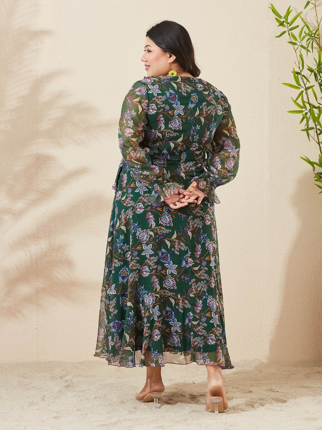 Forest Green Bohemian Ruffled Tie-Up Midi Chiffon Dress for Women