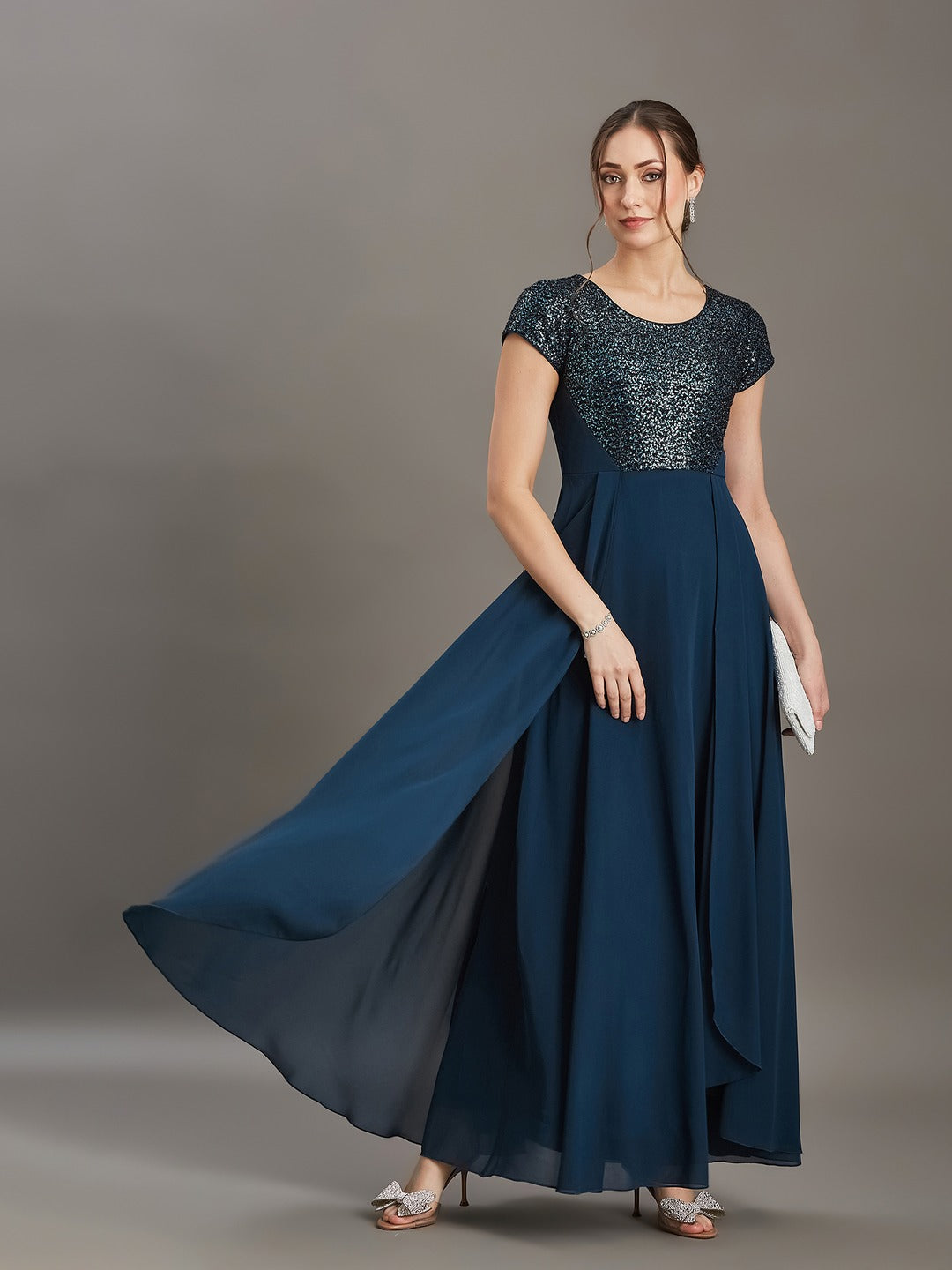Teal Round Neck Short Sleeve Embellished Fit & Flare Maxi Georgette Dress for Women