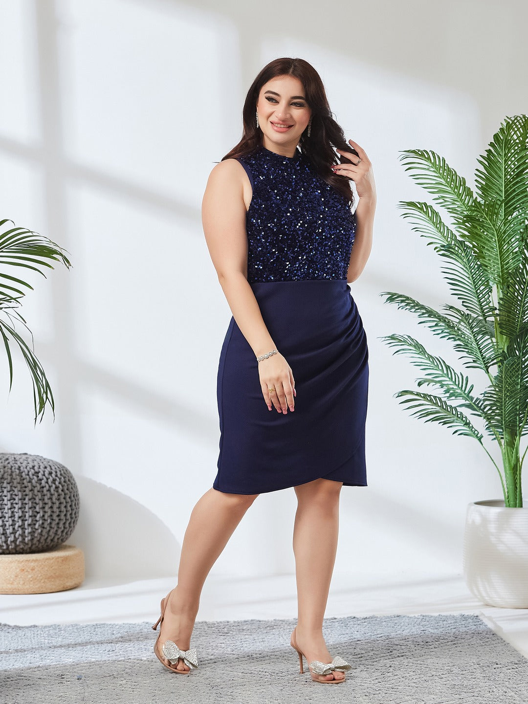Navy Blue Halter Neck Sleeveless Embellished Pleated Above-Knee Dress for Women
