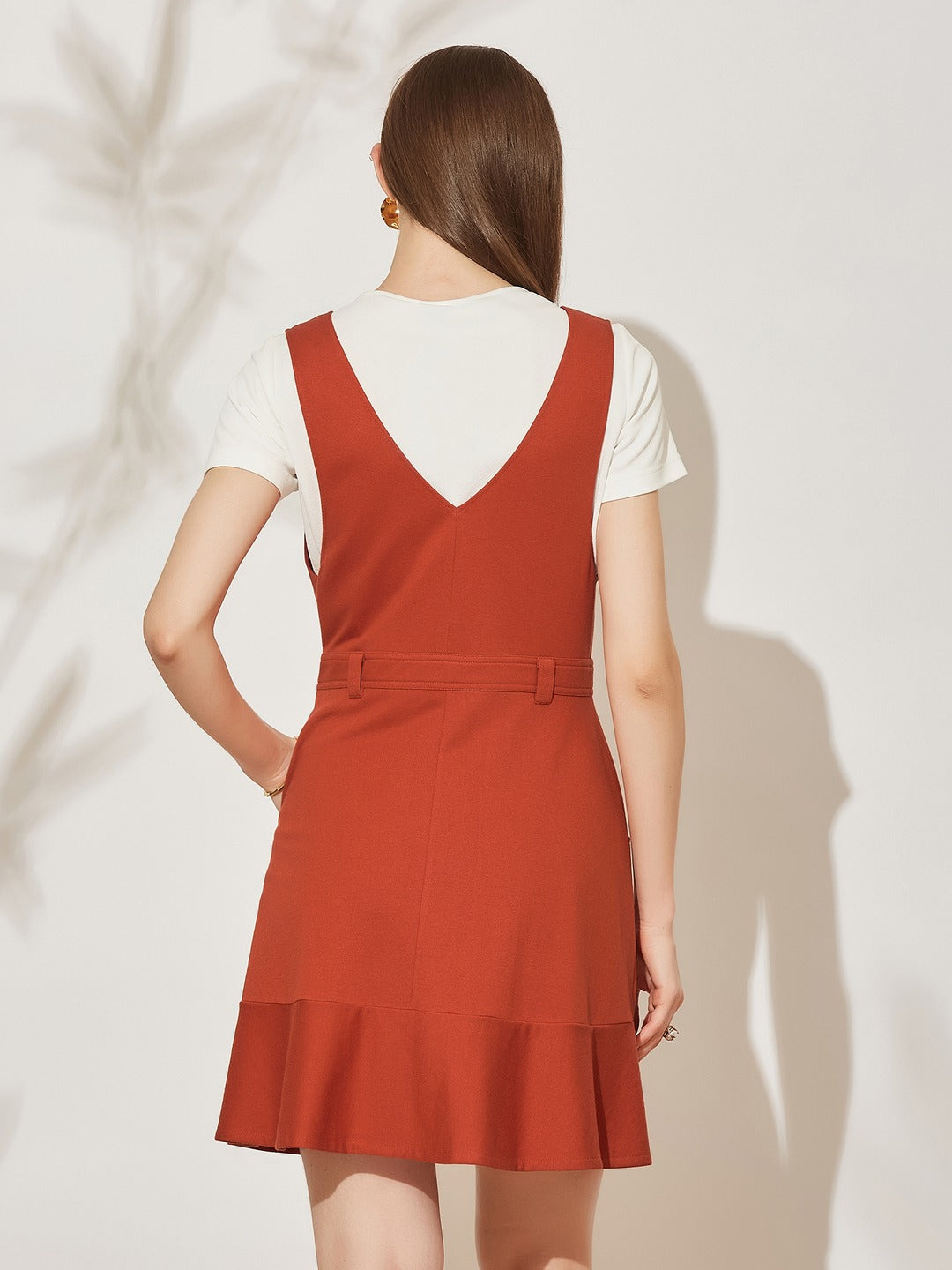 Rust Solid Polyester Pinafore Dress with Zipper Detail and Side Pockets for Women