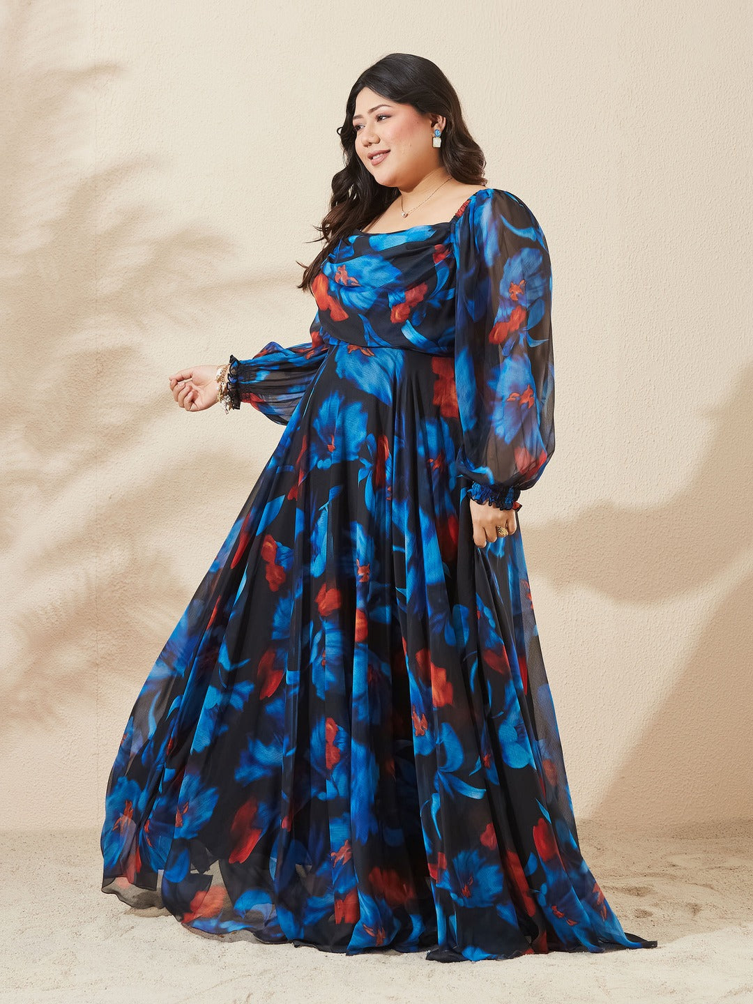 Black V-Neck Puff Floral Overlap/ Tiered Maxi Chiffon Ethnic Dress for Women