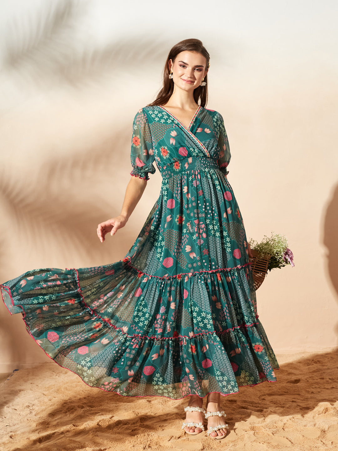 Emerald Green V-Neck Puff Bohemian Overlap/ Tiered Maxi Chiffon Ethnic Dress for Women