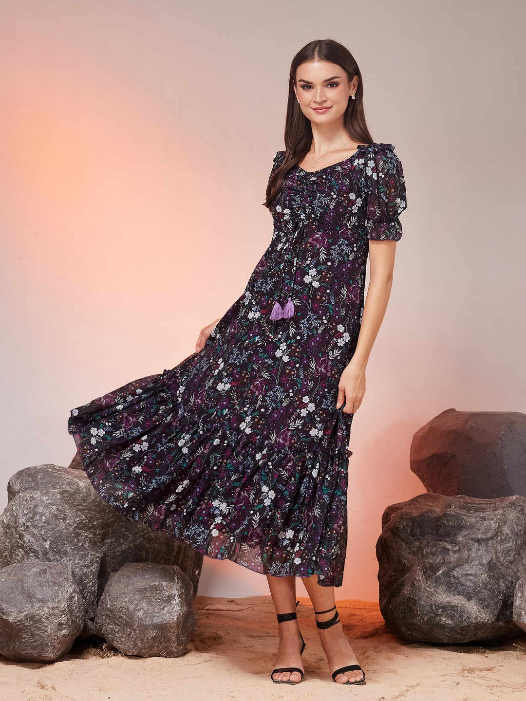 Black Sweetheart-Neck Puffed Sleeve Floral Ruching Georgette Maxi Dress for Women