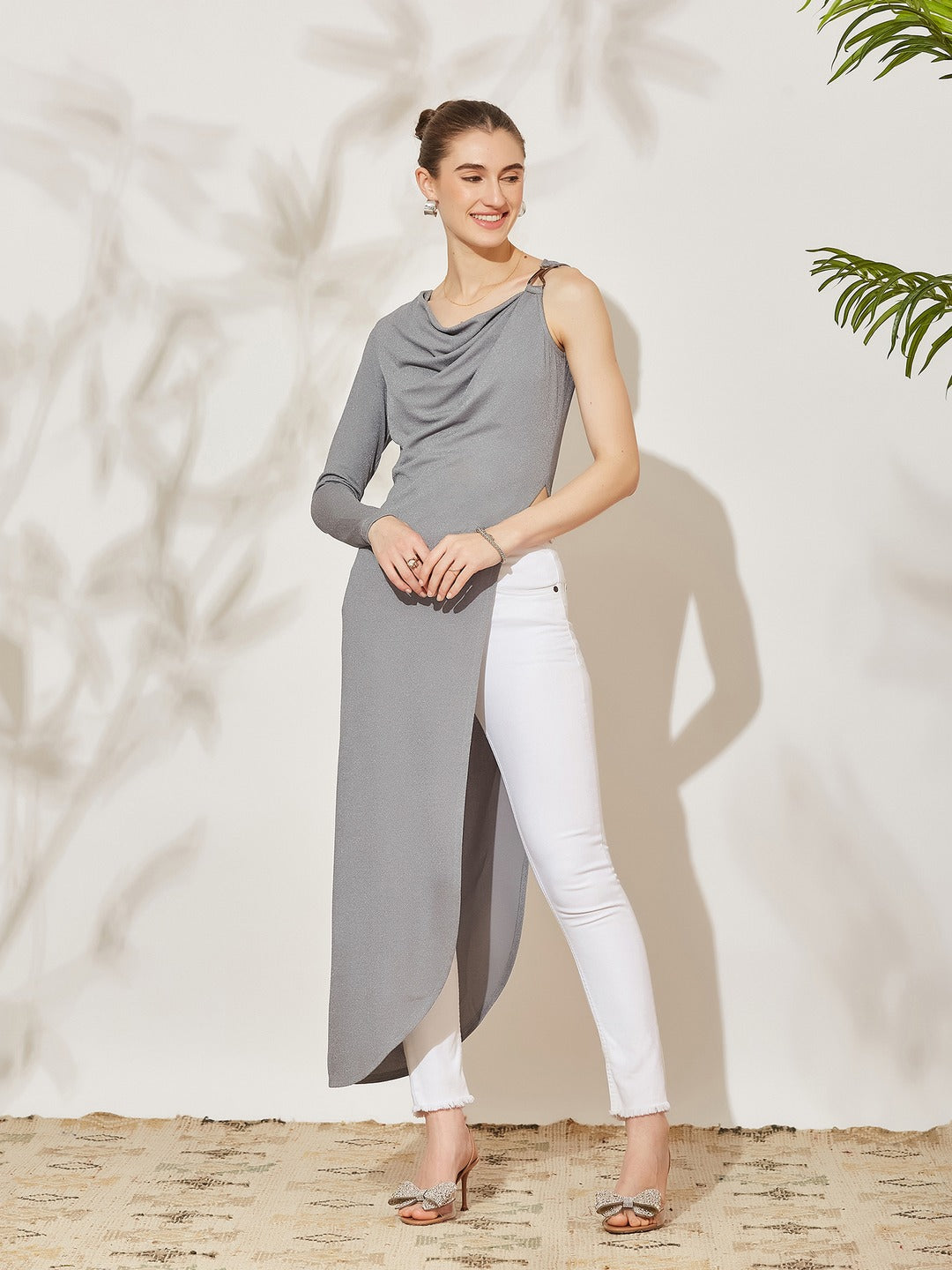 Grey Asymmetric Cowl Full Sleeve Solid Asymmetric Maxi Polyester Top for Women