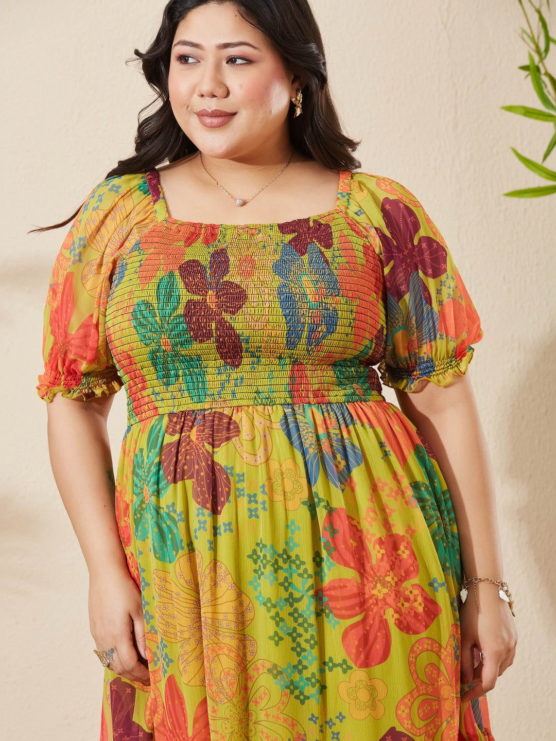 Lime Green Square Neck Puff Sleeve Floral Fit And Flare Maxi Chiffon Dress for Women