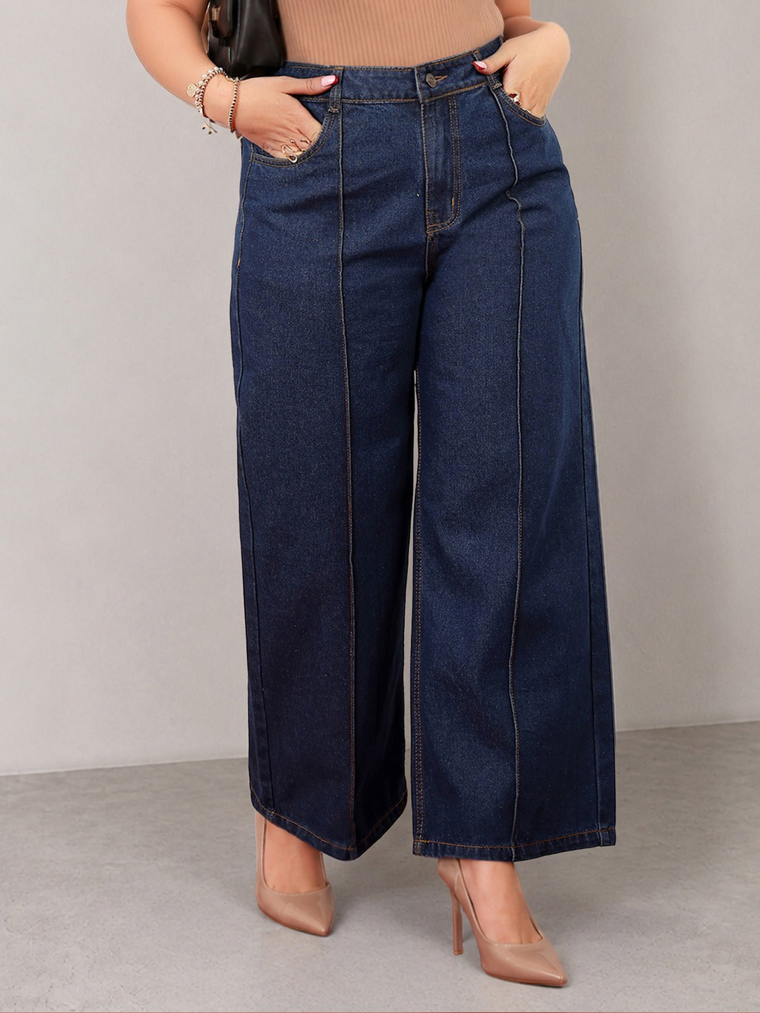 Navy Blue Wide-Leg High-Rise Non-stretchable Denim Jeans for Women