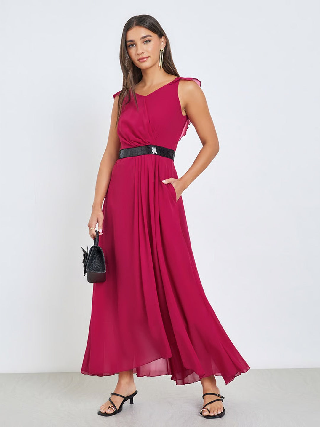 Dark Pink V-Neck Ruffled Sleeve Solid Embellished Maxi Dress for Women