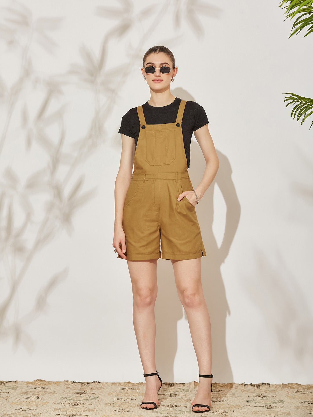Beige Square Neck Sleeveless Solid Dugaree Mini Cotton Dungaree for Women
