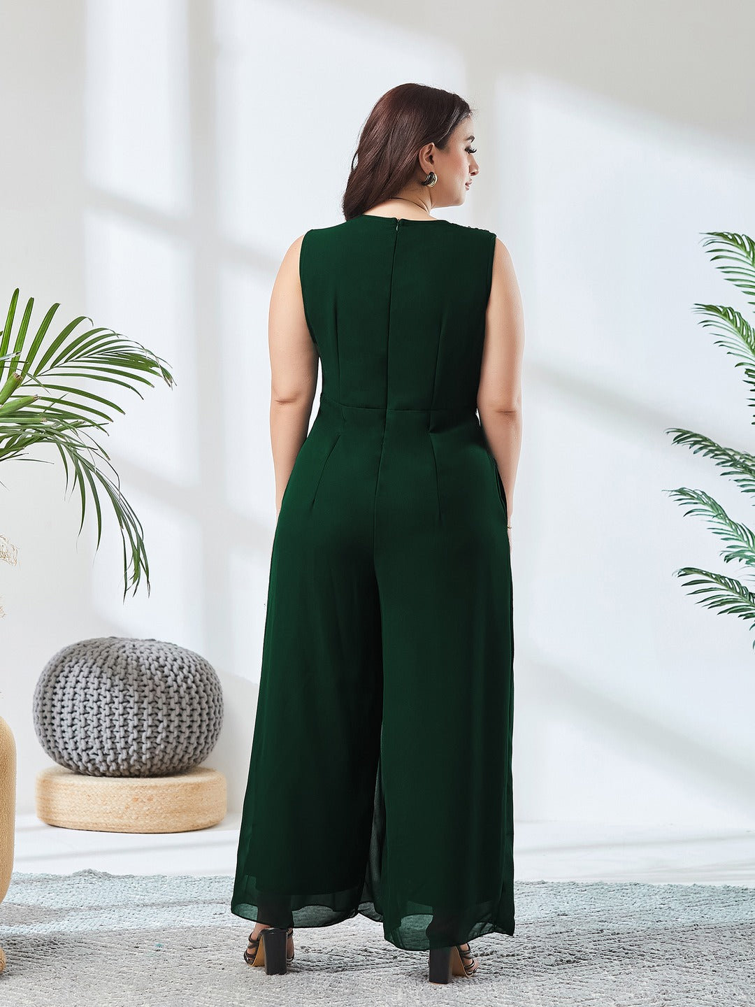 Green Solid Relaxed Fit Sleeveless Round Neck Ankle-Length Straight Jumpsuit for Women