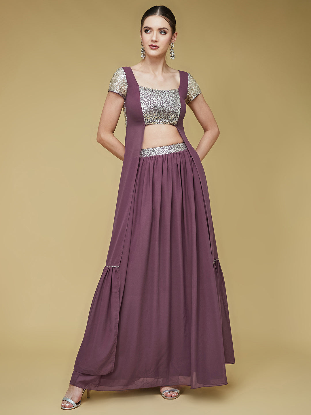 Mauve Embellished Square Neck Short Sleeves Waist Band Pocketed Tiered Maxi Co-Ord Set for Women
