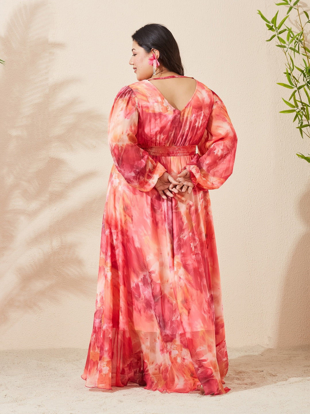 Flame Orange & Pink Floral V-Neck Bishop Sleeve Smocked Chiffon Maxi Dress for Women