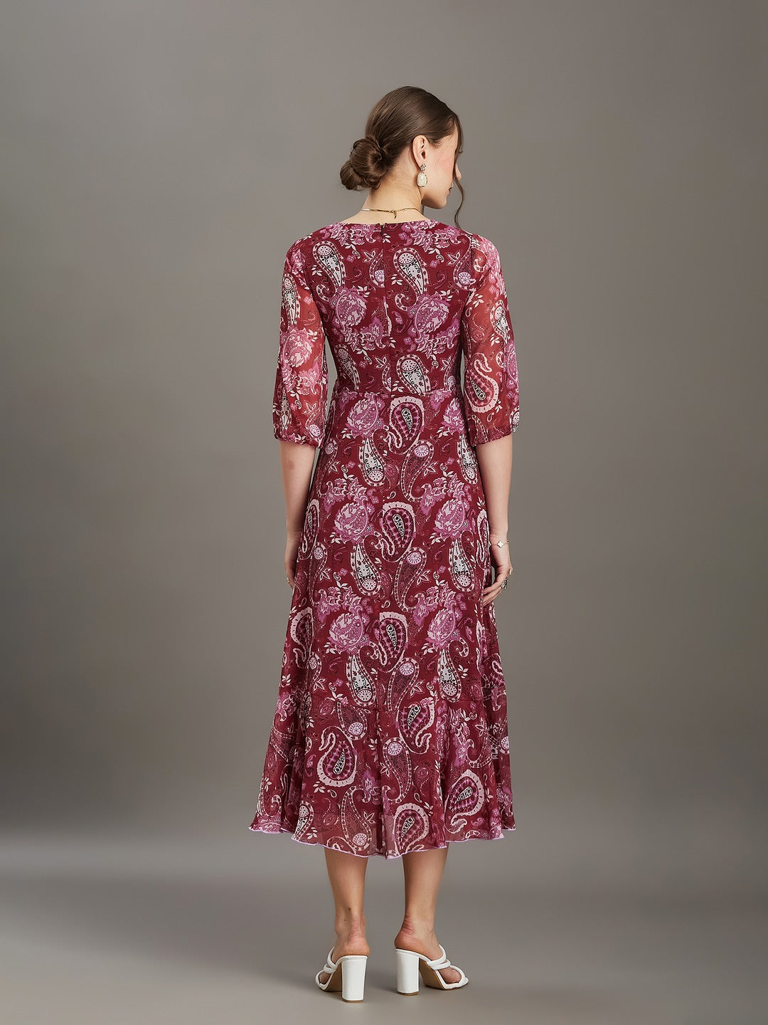 Multicolored Wine Floral V-Neck 3/4 Sleeve Wrap Midi Chiffon Dress for Women