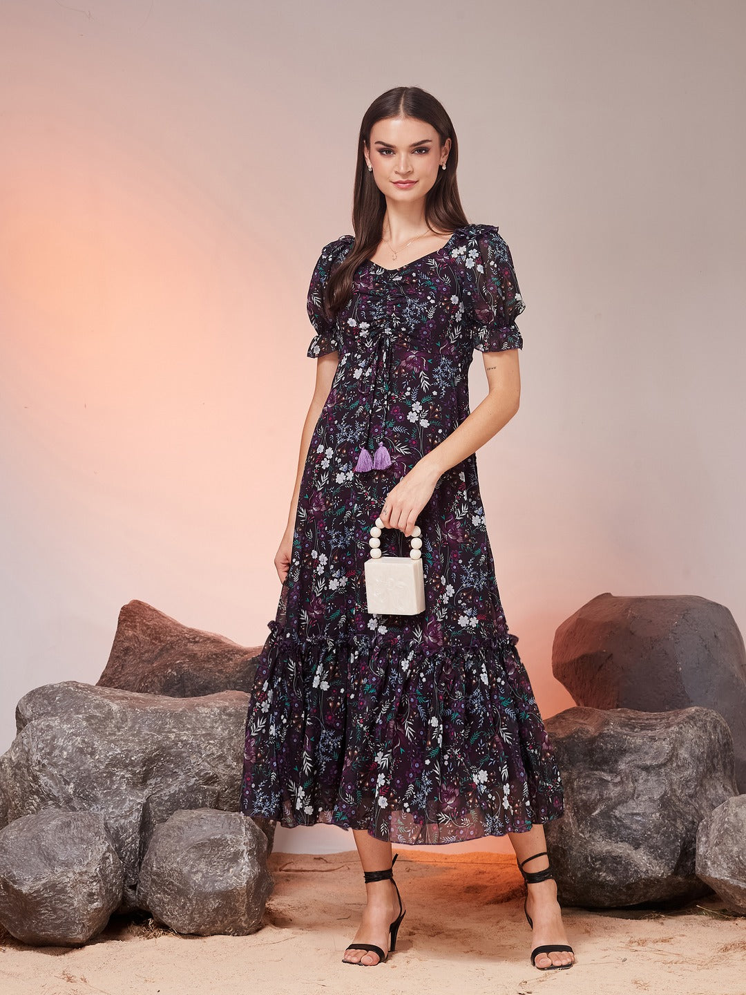 Black Sweetheart-Neck Puffed Sleeve Floral Ruching Georgette Maxi Dress for Women