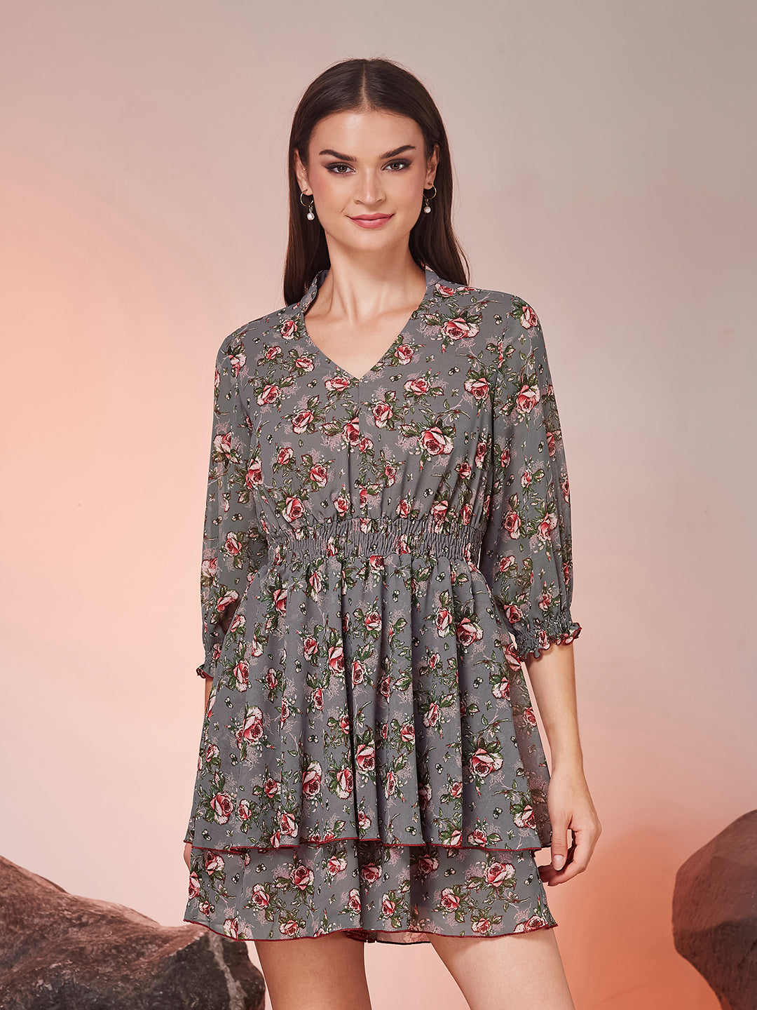 Grey Mandarin Collar Full Sleeve Floral Layered Knee-Long Georgette Playsuit for Women